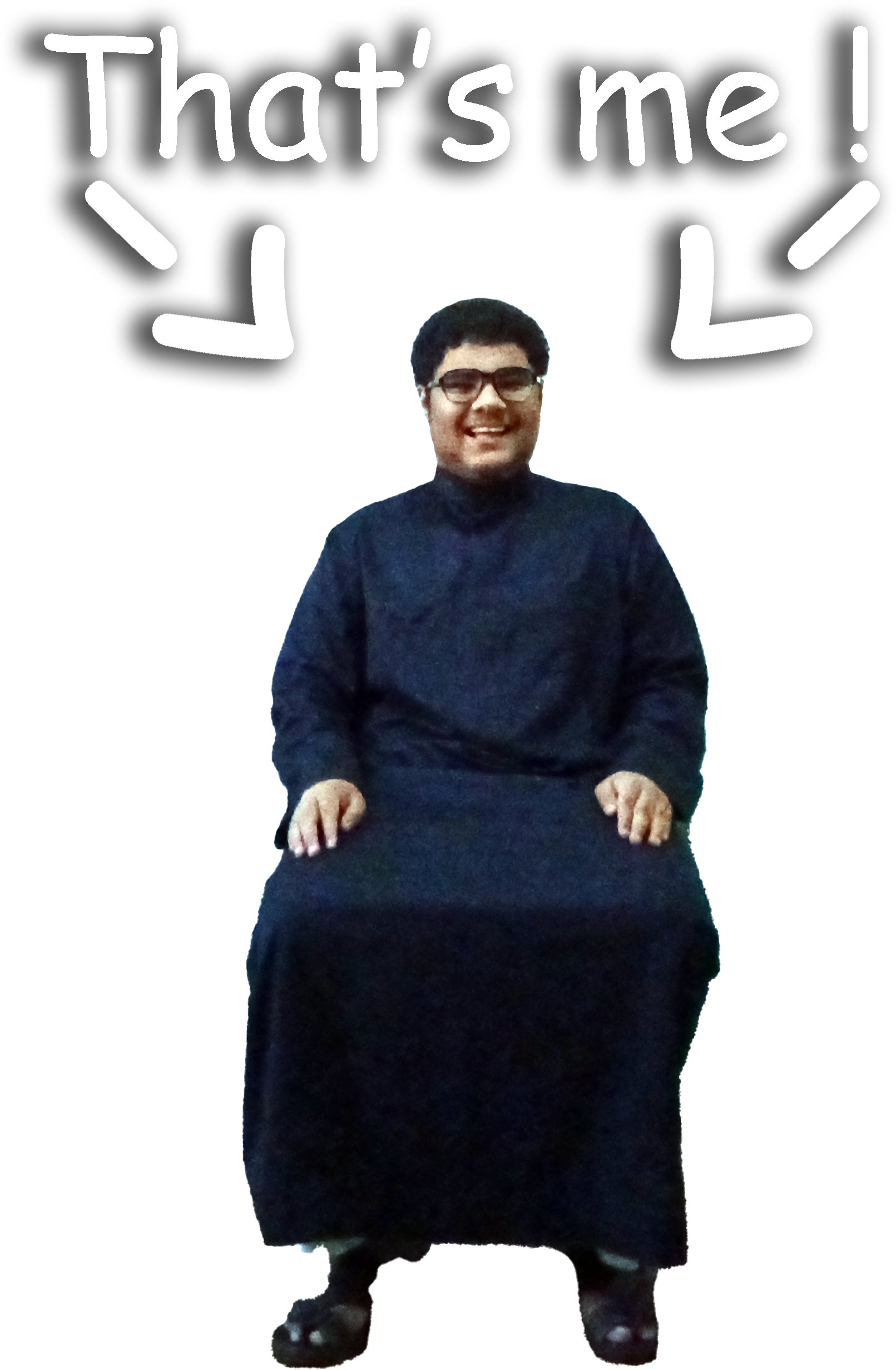 Mohammed on a chair with text saying thats me ! and arrows pointing at him